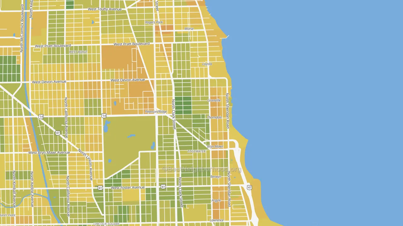 Map of the best neighborhoods in the 60660 area, with better matches in green and worse matches in red