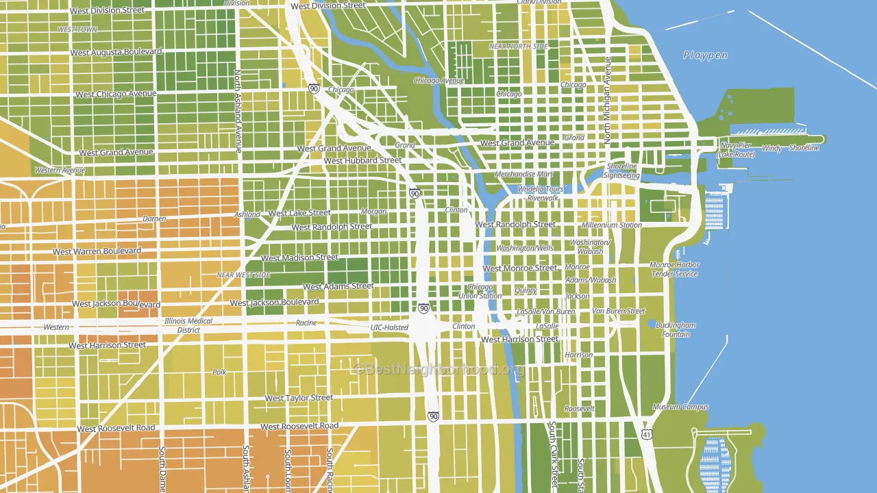 Map of the best neighborhoods in the 60661 area, with better matches in green and worse matches in red