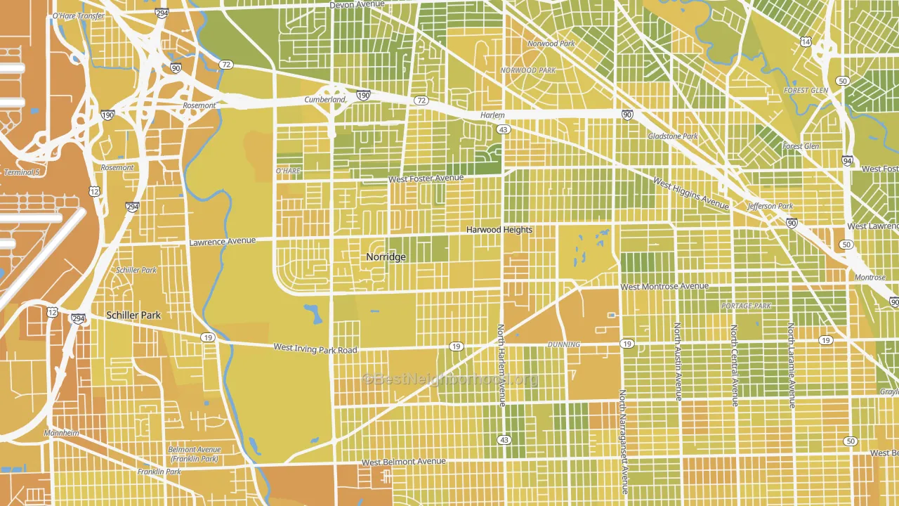 Map of the best neighborhoods in the 60706 area, with better matches in green and worse matches in red