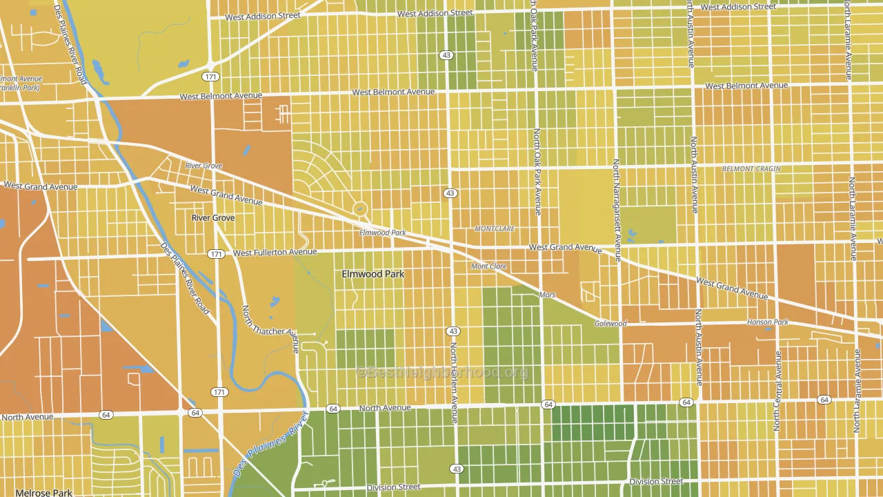Map of the best neighborhoods in the 60707 area, with better matches in green and worse matches in red