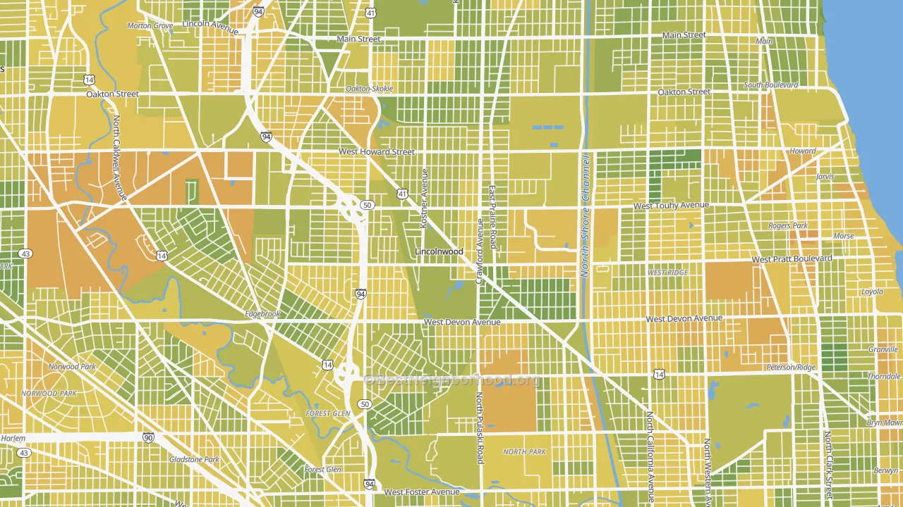 Map of the best neighborhoods in the 60712 area, with better matches in green and worse matches in red