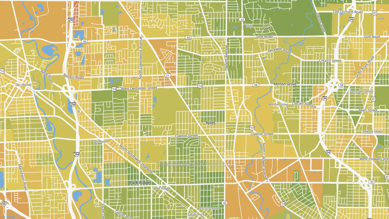 Map of the best neighborhoods in the 60714 area, with better matches in green and worse matches in red