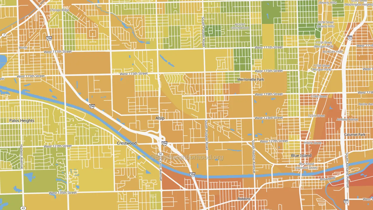 Map of the best neighborhoods in the 60803 area, with better matches in green and worse matches in red