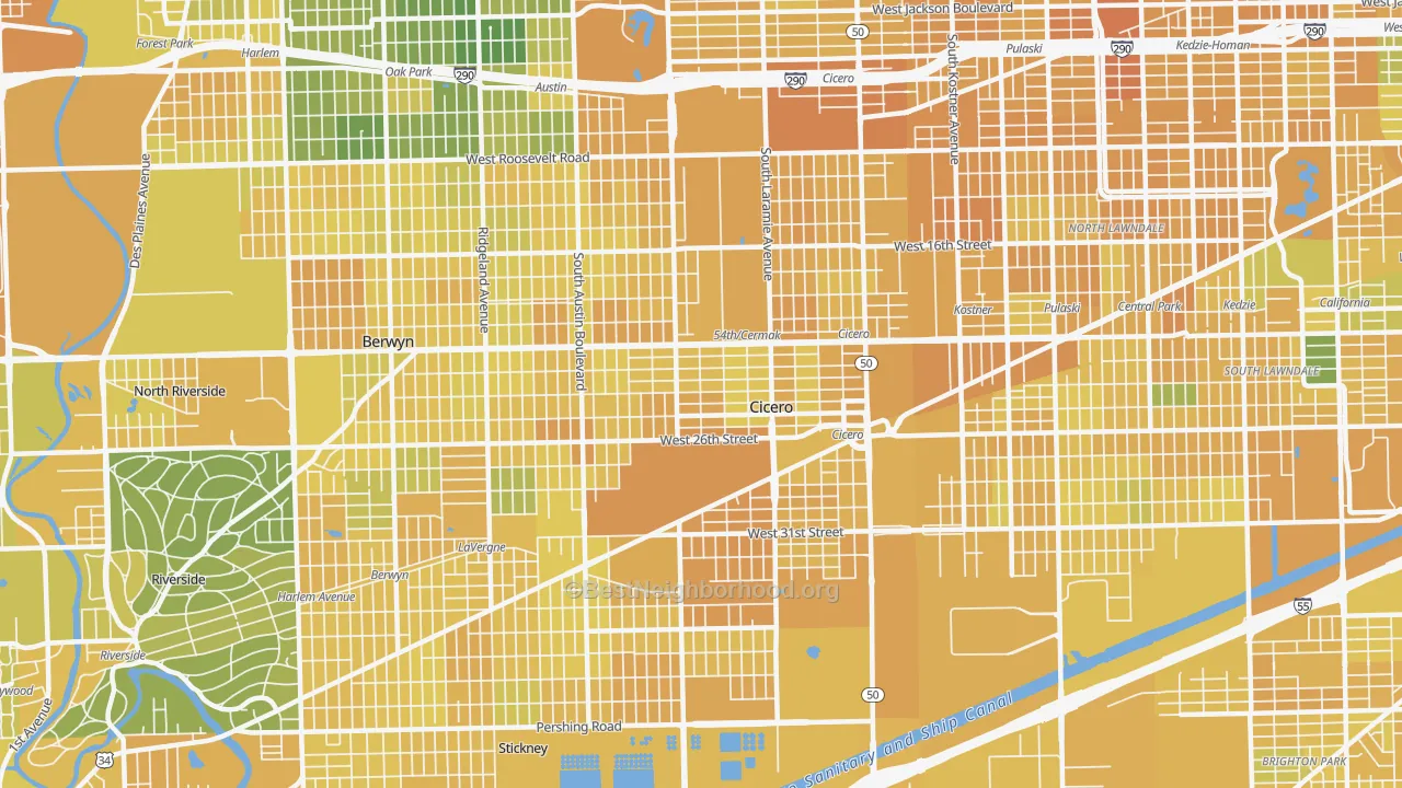 Map of the best neighborhoods in the 60804 area, with better matches in green and worse matches in red