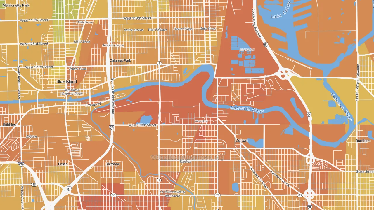 Map of the best neighborhoods in the 60827 area, with better matches in green and worse matches in red