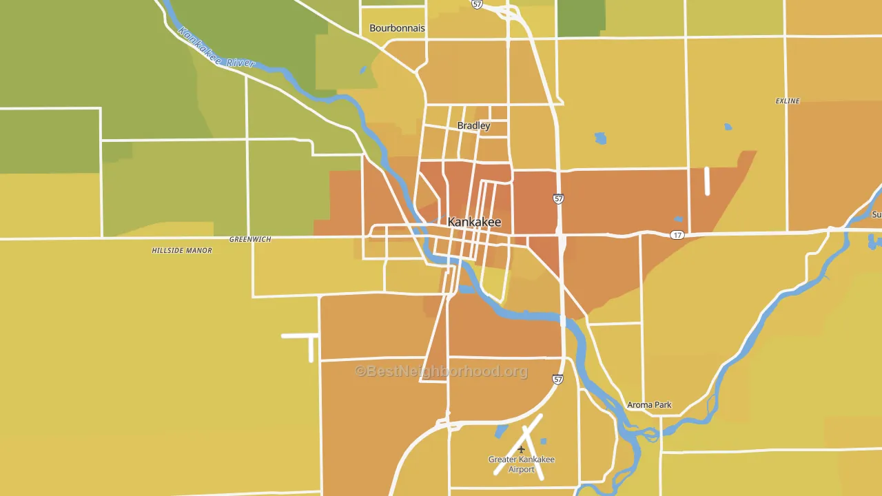 Map of the best neighborhoods in the 60901 area, with better matches in green and worse matches in red