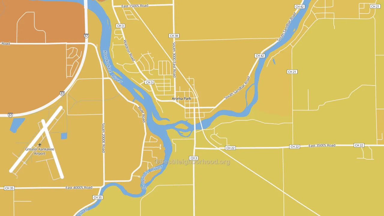 Map of the best neighborhoods in the 60910 area, with better matches in green and worse matches in red