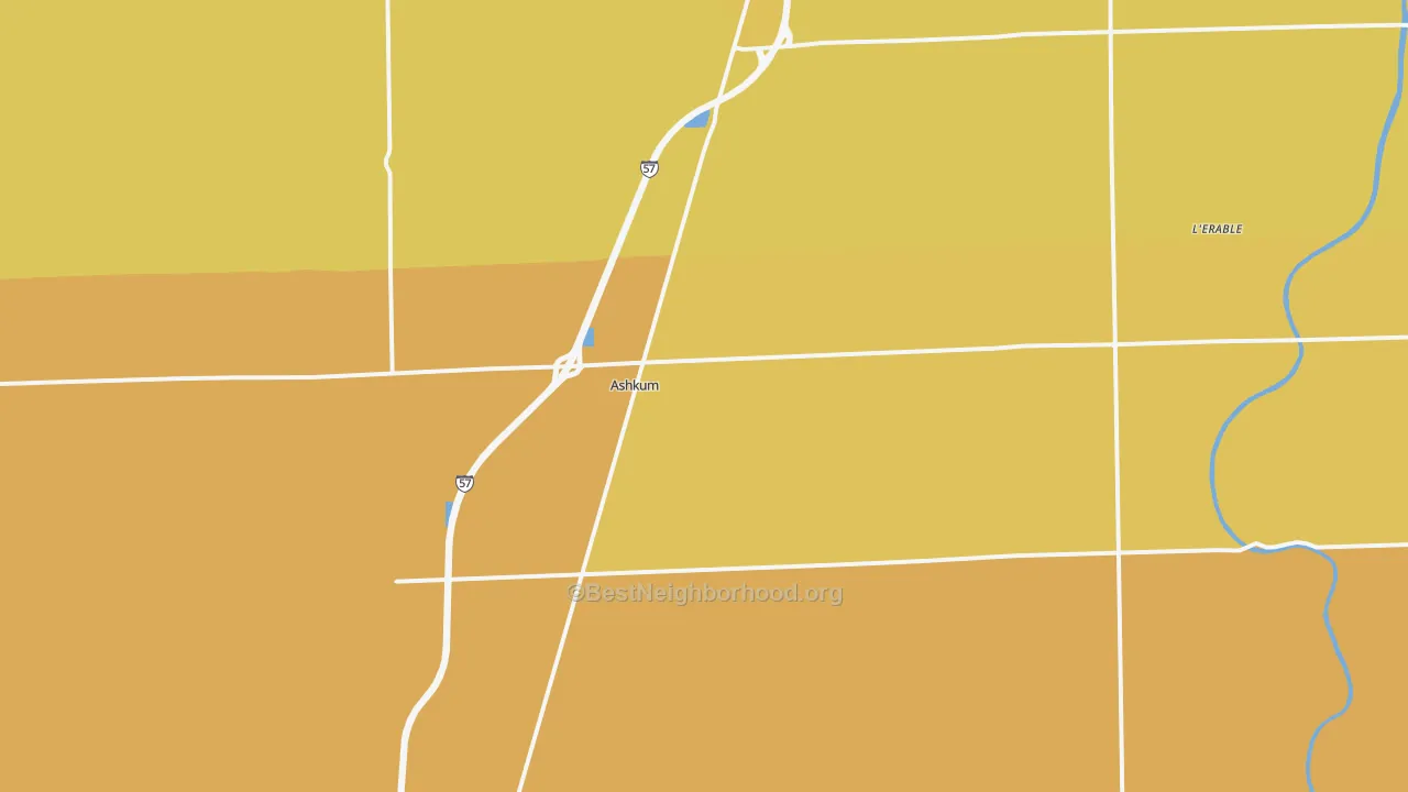 Map of the best neighborhoods in the 60911 area, with better matches in green and worse matches in red