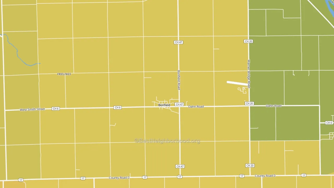 Map of the best neighborhoods in the 60913 area, with better matches in green and worse matches in red