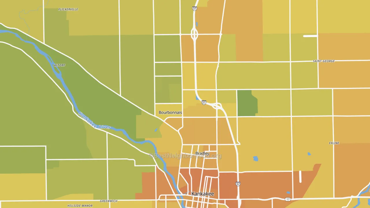 Map of the best neighborhoods in the 60914 area, with better matches in green and worse matches in red