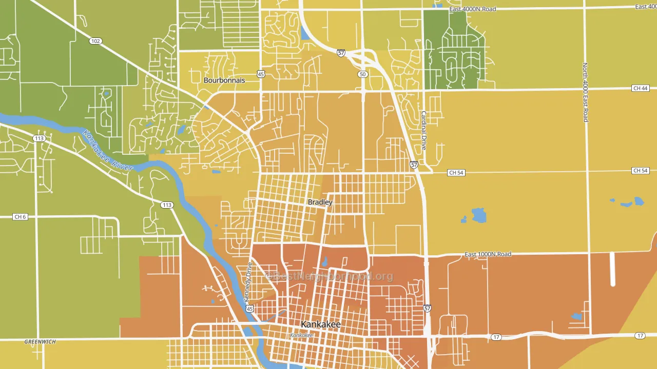 Map of the best neighborhoods in the 60915 area, with better matches in green and worse matches in red