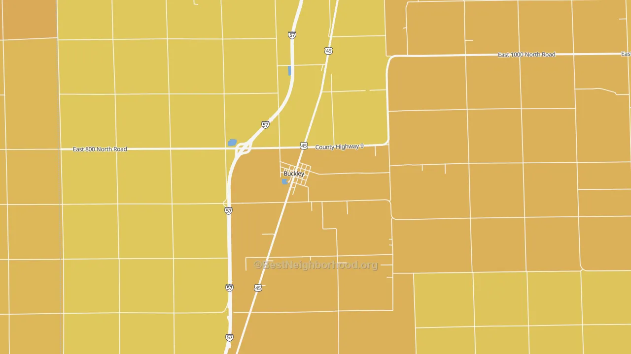 Map of the best neighborhoods in the 60918 area, with better matches in green and worse matches in red