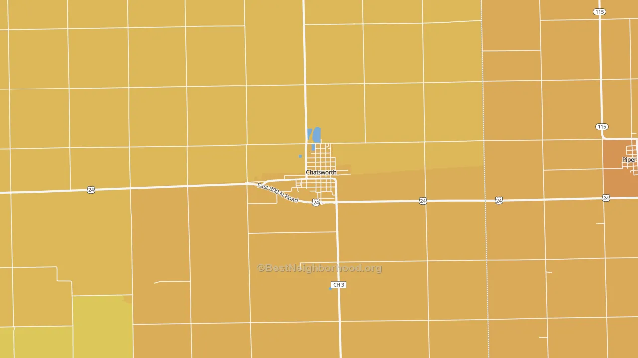 Map of the best neighborhoods in the 60921 area, with better matches in green and worse matches in red