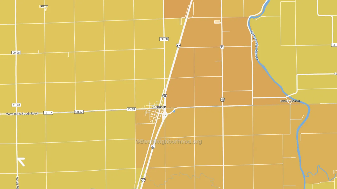 Map of the best neighborhoods in the 60922 area, with better matches in green and worse matches in red
