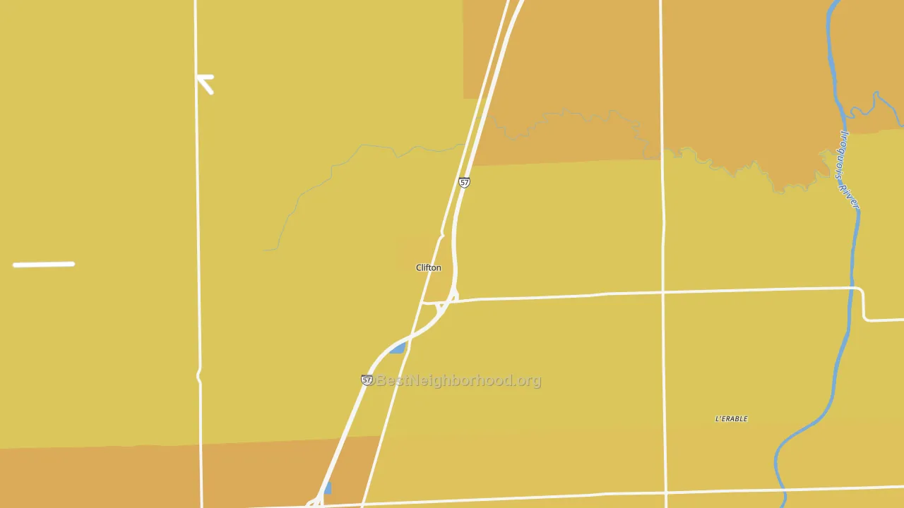 Map of the best neighborhoods in the 60927 area, with better matches in green and worse matches in red