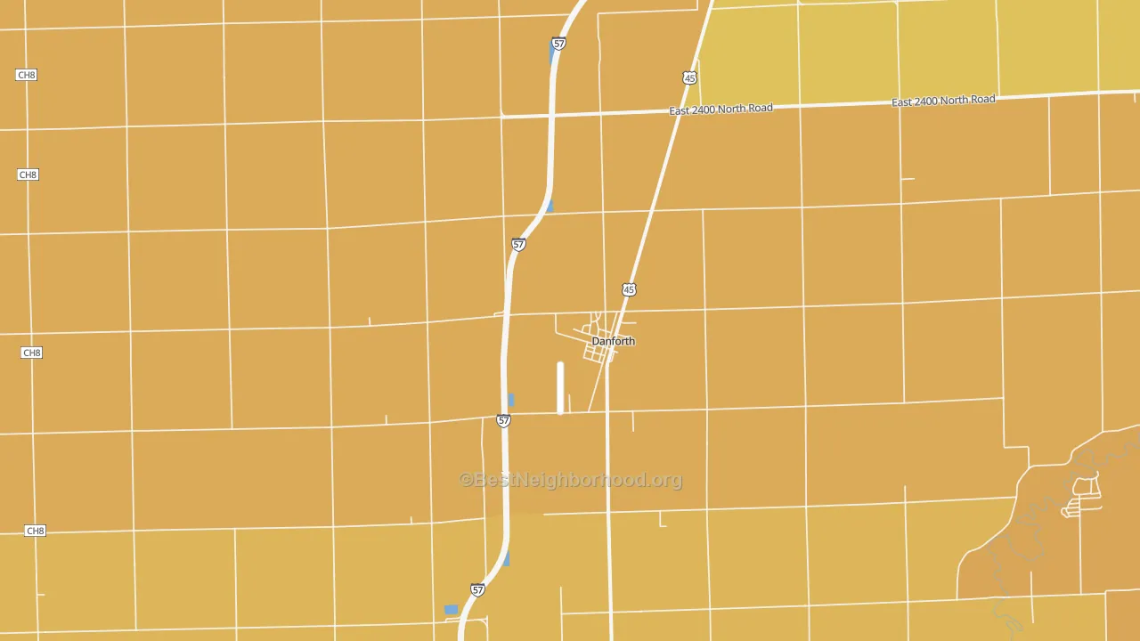Map of the best neighborhoods in the 60930 area, with better matches in green and worse matches in red