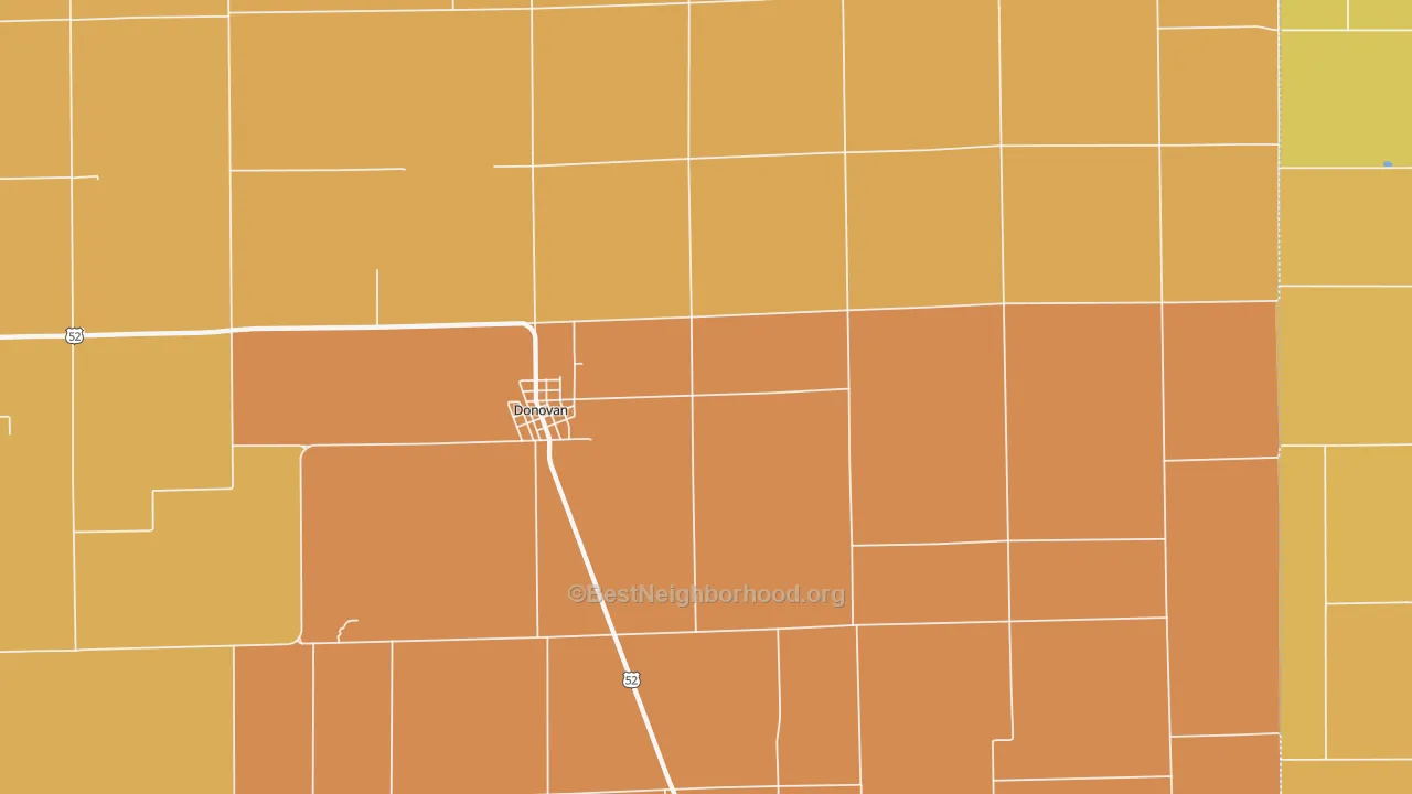 Map of the best neighborhoods in the 60931 area, with better matches in green and worse matches in red