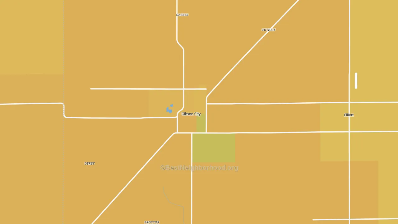 Map of the best neighborhoods in the 60936 area, with better matches in green and worse matches in red