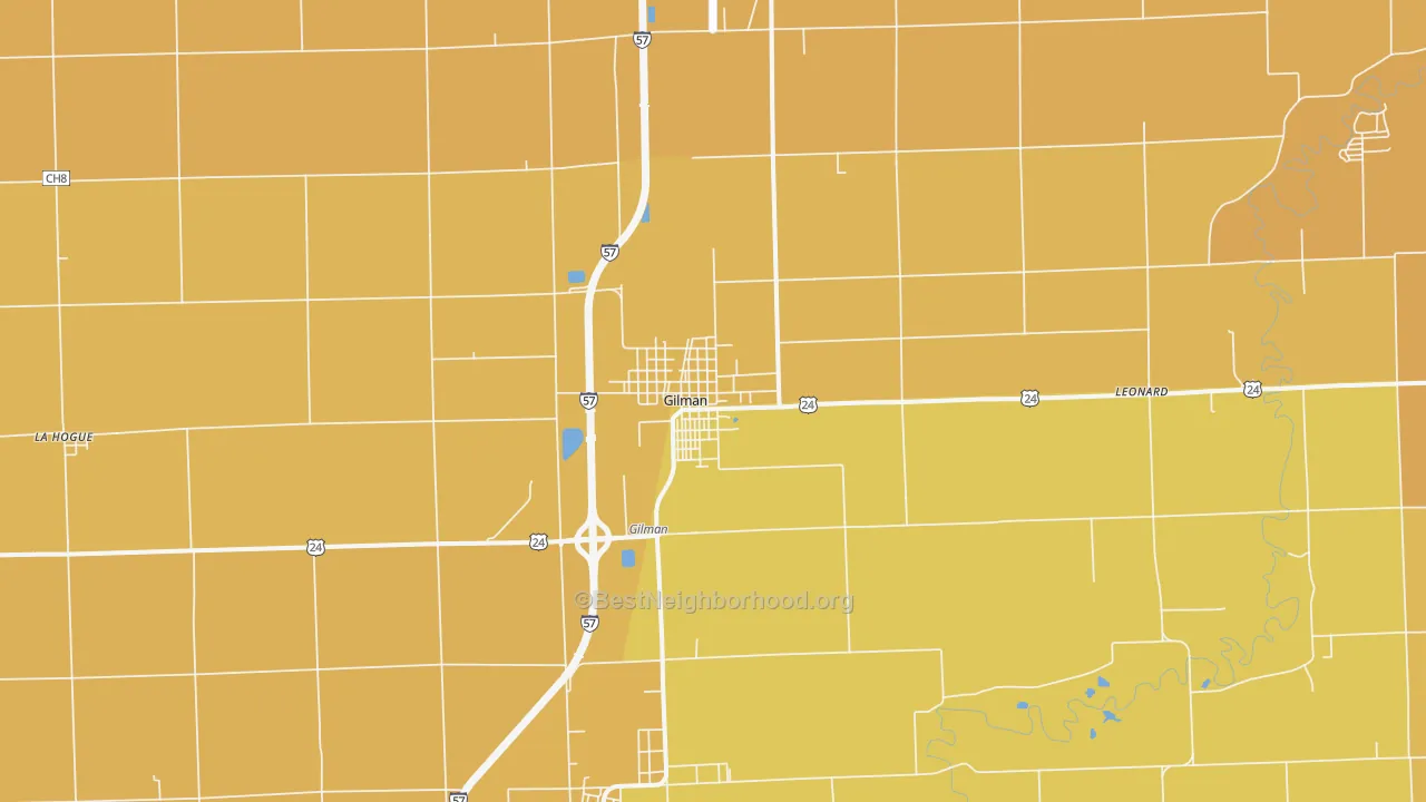 Map of the best neighborhoods in the 60938 area, with better matches in green and worse matches in red