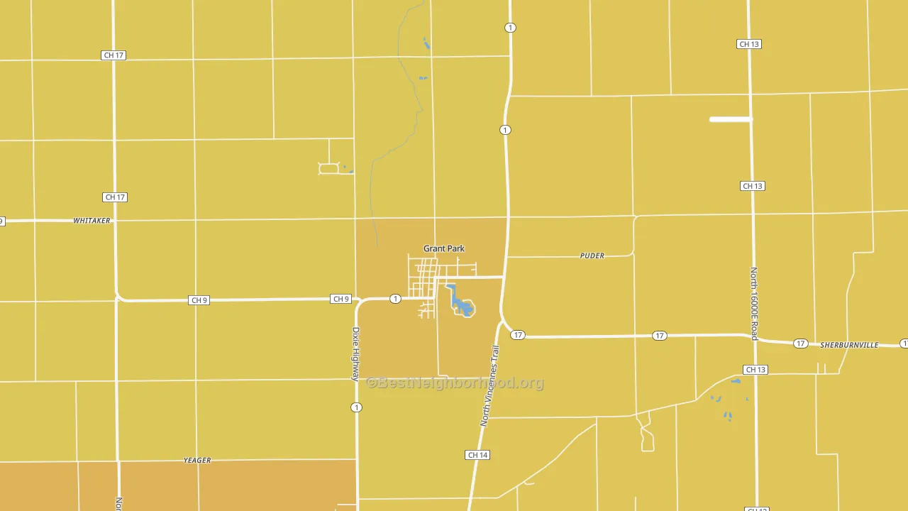 Map of the best neighborhoods in the 60940 area, with better matches in green and worse matches in red