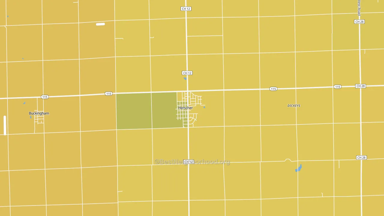 Map of the best neighborhoods in the 60941 area, with better matches in green and worse matches in red