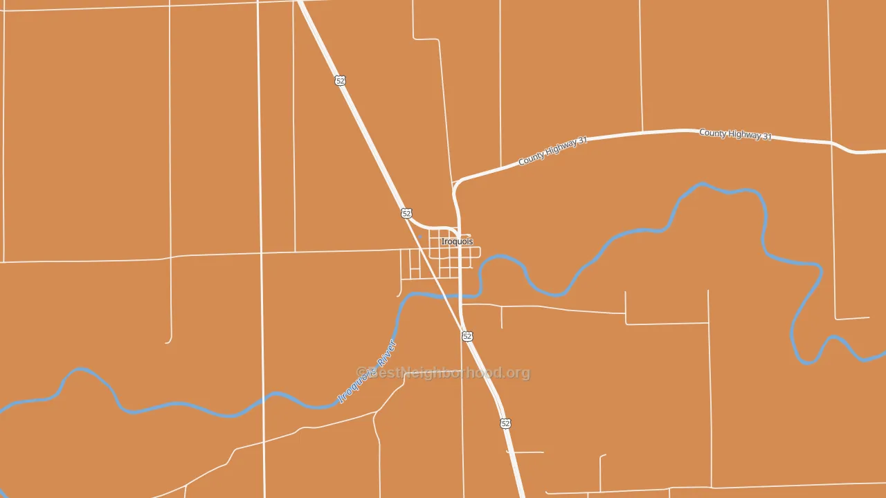 Map of the best neighborhoods in the 60945 area, with better matches in green and worse matches in red