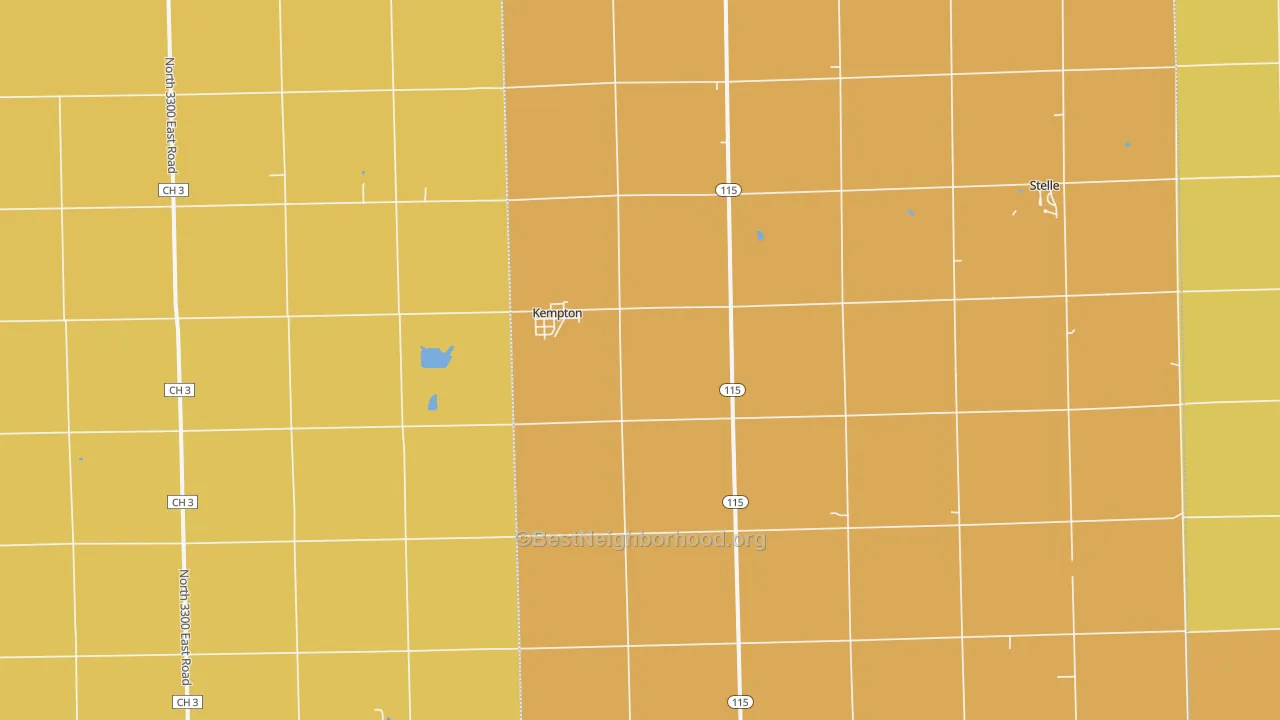 Map of the best neighborhoods in the 60946 area, with better matches in green and worse matches in red