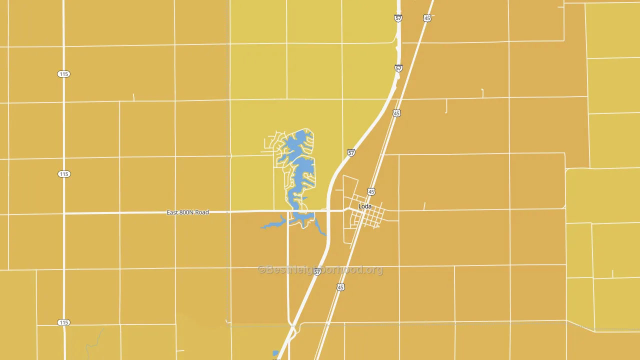 Map of the best neighborhoods in the 60948 area, with better matches in green and worse matches in red