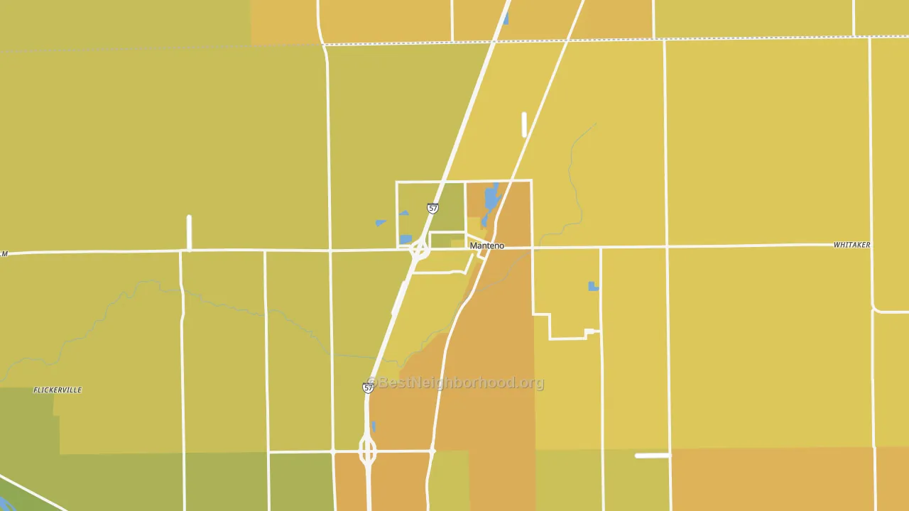 Map of the best neighborhoods in the 60950 area, with better matches in green and worse matches in red