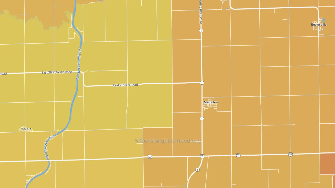 Map of the best neighborhoods in the 60951 area, with better matches in green and worse matches in red