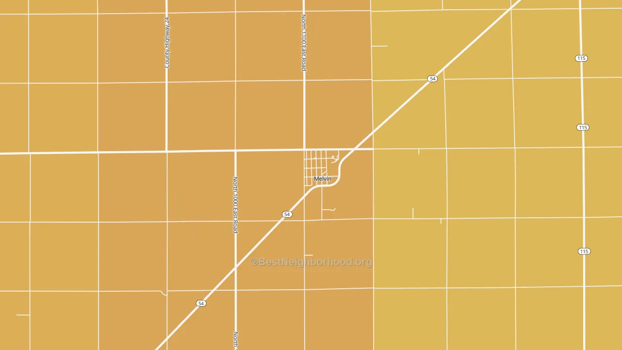 Map of the best neighborhoods in the 60952 area, with better matches in green and worse matches in red