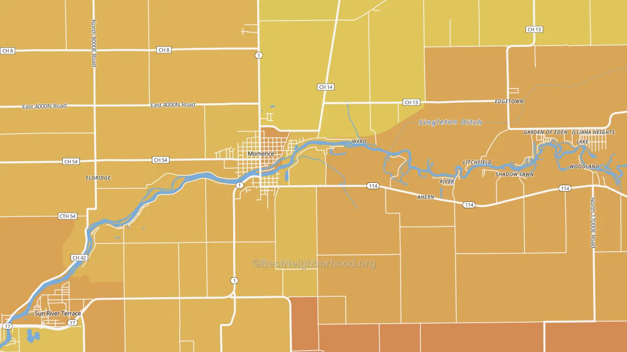 Map of the best neighborhoods in the 60954 area, with better matches in green and worse matches in red