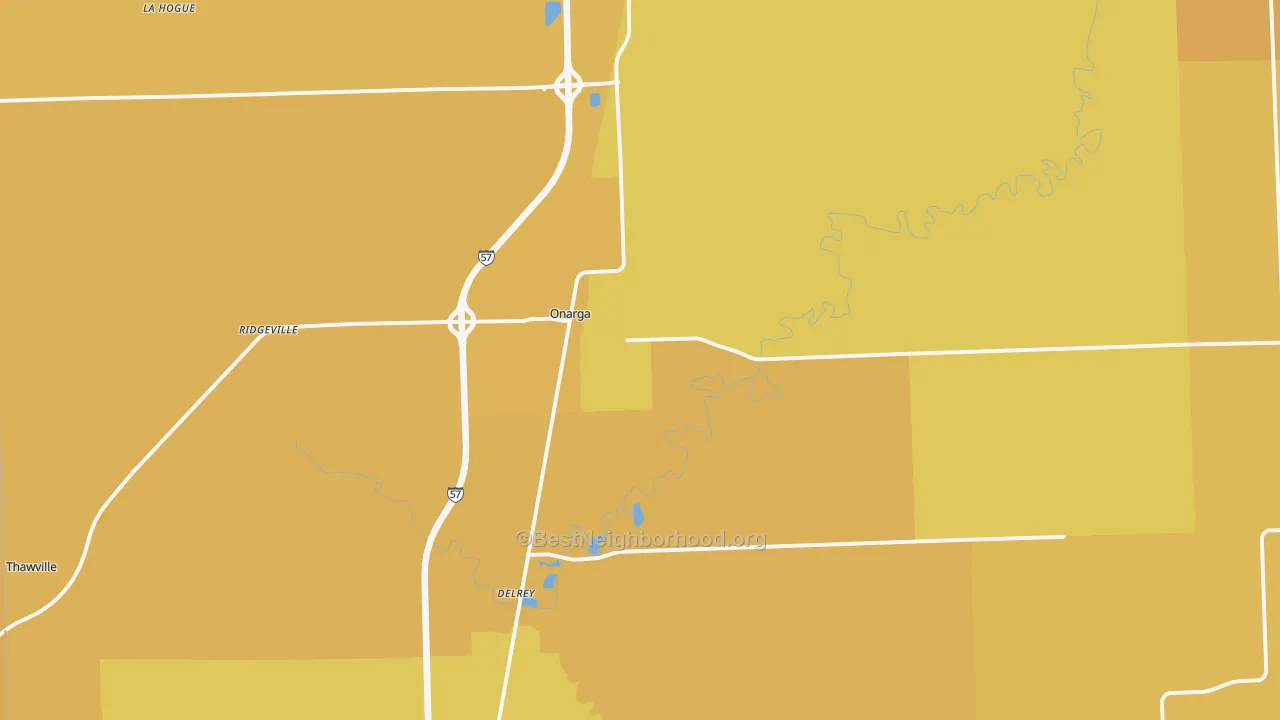Map of the best neighborhoods in the 60955 area, with better matches in green and worse matches in red