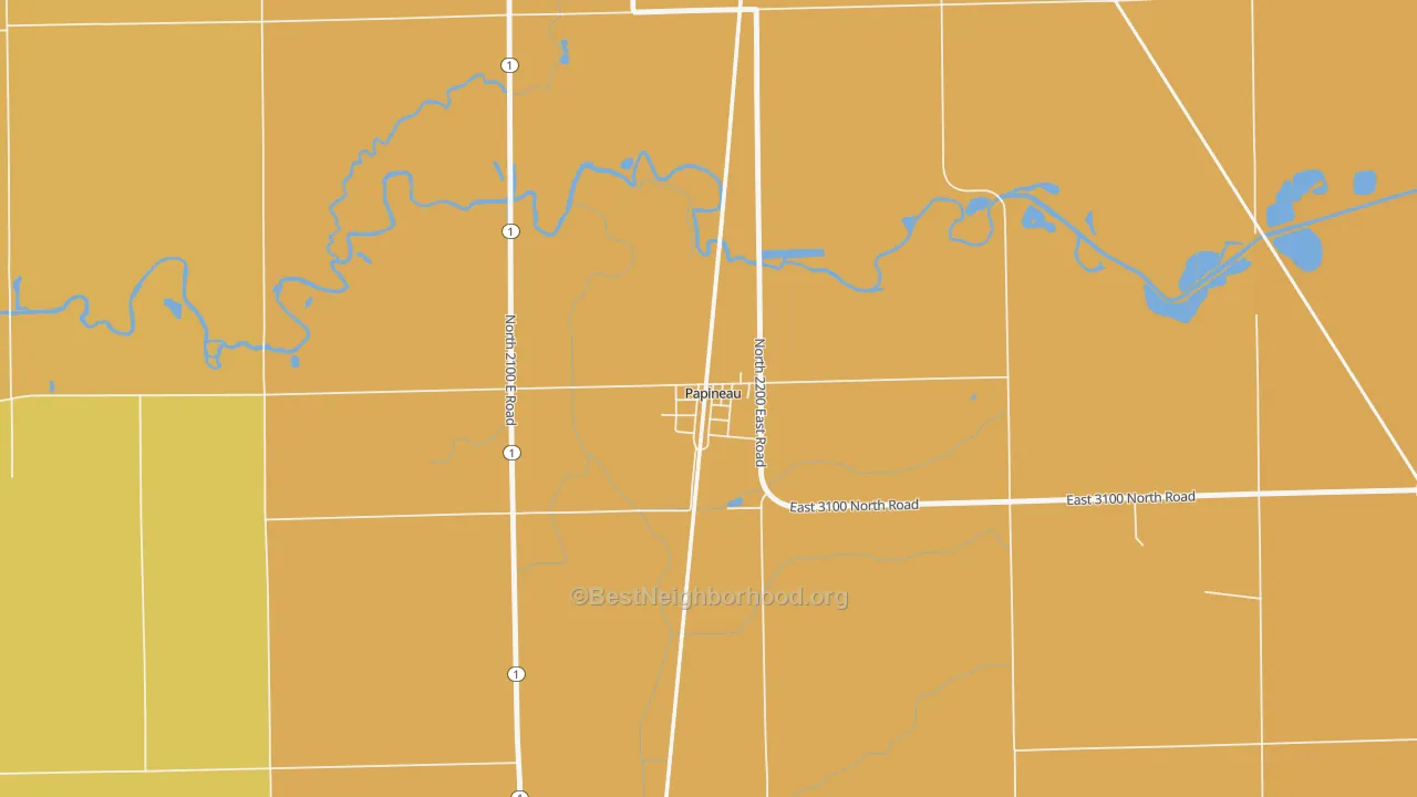 Map of the best neighborhoods in the 60956 area, with better matches in green and worse matches in red