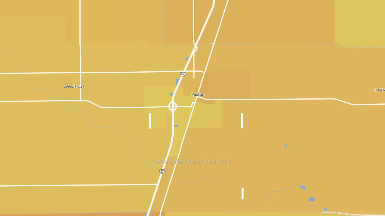 Map of the best neighborhoods in the 60957 area, with better matches in green and worse matches in red