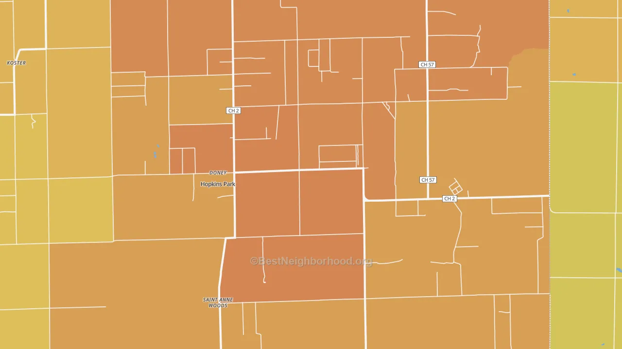 Map of the best neighborhoods in the 60958 area, with better matches in green and worse matches in red