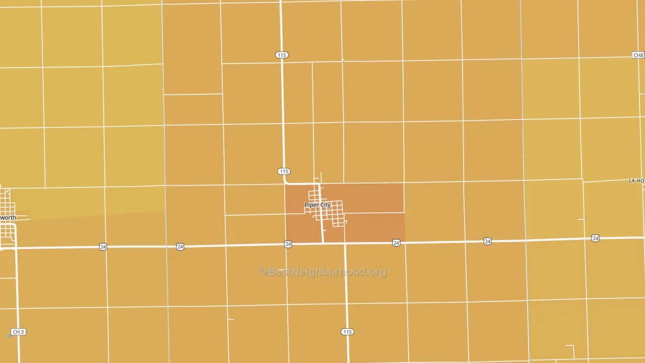 Map of the best neighborhoods in the 60959 area, with better matches in green and worse matches in red