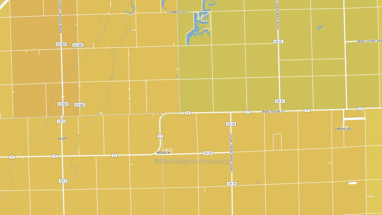 Map of the best neighborhoods in the 60961 area, with better matches in green and worse matches in red