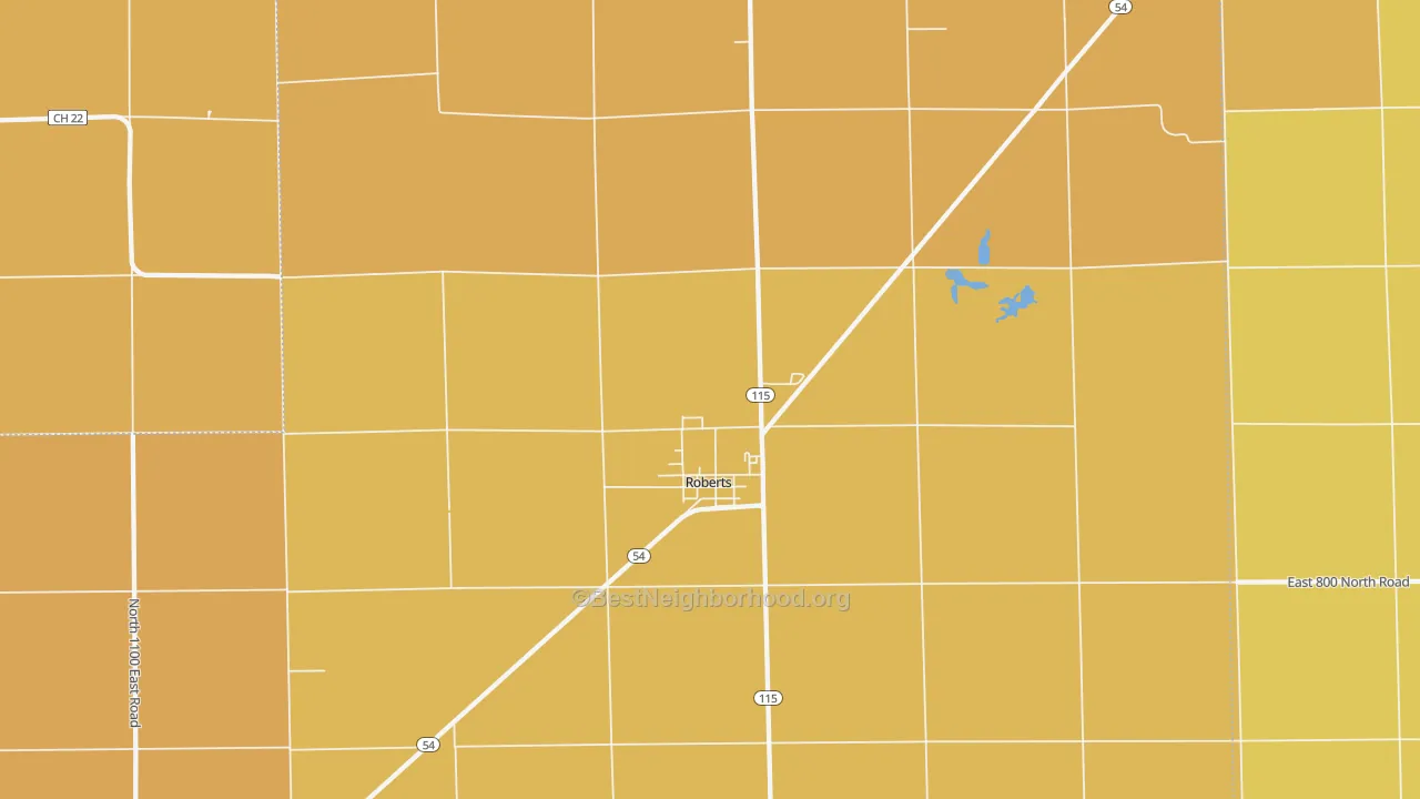 Map of the best neighborhoods in the 60962 area, with better matches in green and worse matches in red