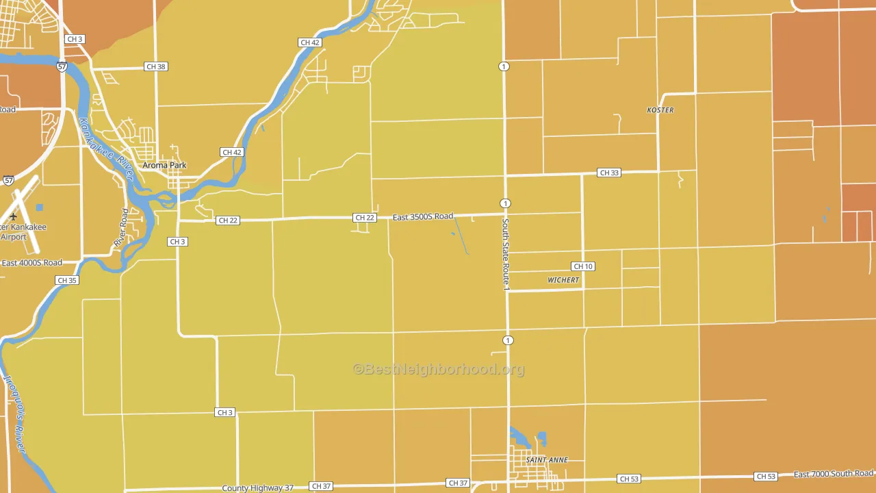 Map of the best neighborhoods in the 60964 area, with better matches in green and worse matches in red