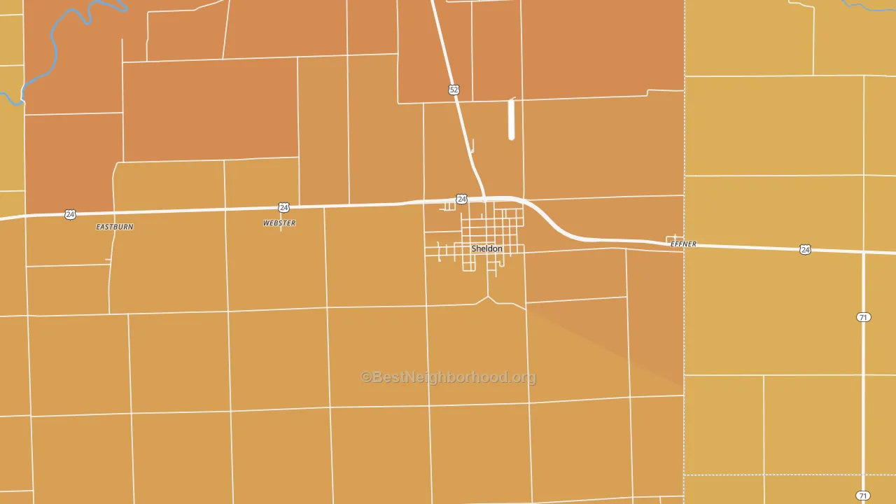 Map of the best neighborhoods in the 60966 area, with better matches in green and worse matches in red