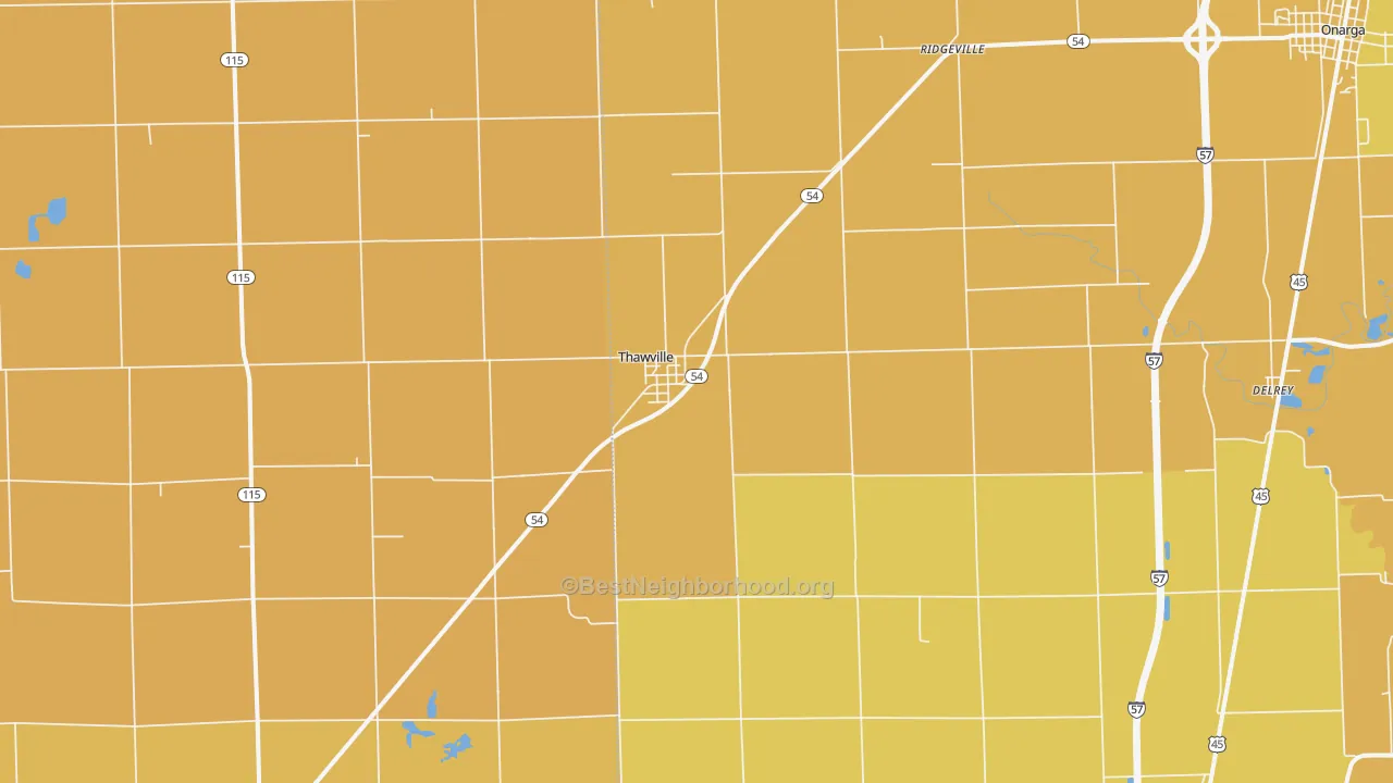 Map of the best neighborhoods in the 60968 area, with better matches in green and worse matches in red