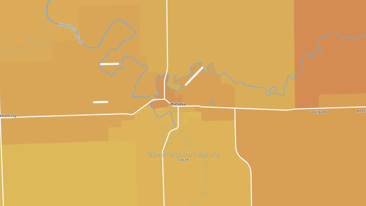 Map of the best neighborhoods in the 60970 area, with better matches in green and worse matches in red