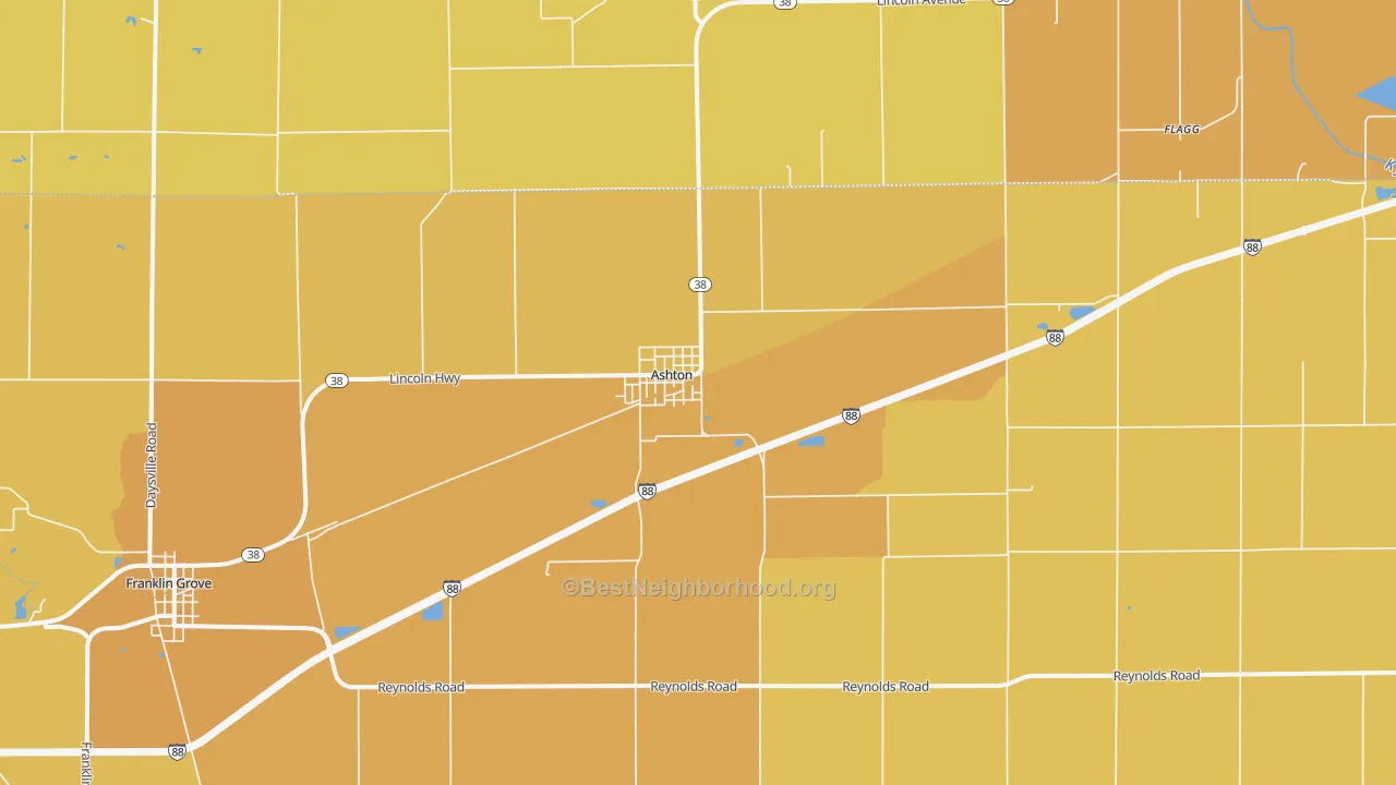 Map of the best neighborhoods in the 61006 area, with better matches in green and worse matches in red