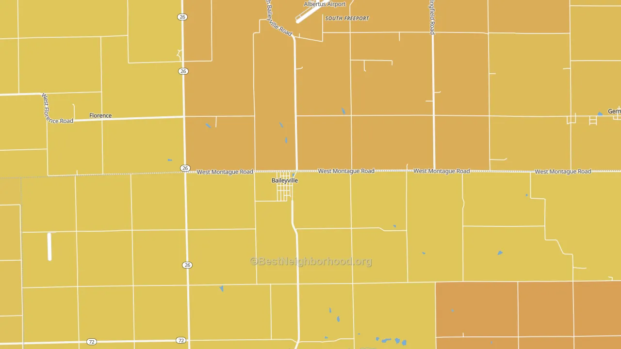 Map of the best neighborhoods in the 61007 area, with better matches in green and worse matches in red