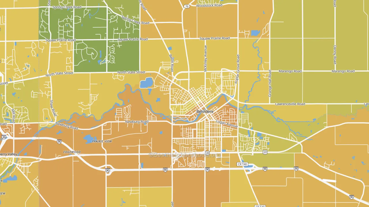Map of the best neighborhoods in the 61008 area, with better matches in green and worse matches in red