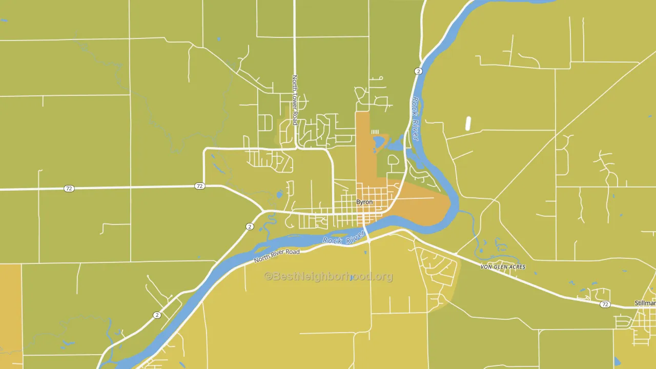 Map of the best neighborhoods in the 61010 area, with better matches in green and worse matches in red