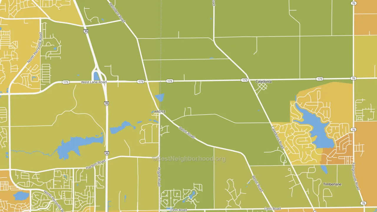 Map of the best neighborhoods in the 61011 area, with better matches in green and worse matches in red