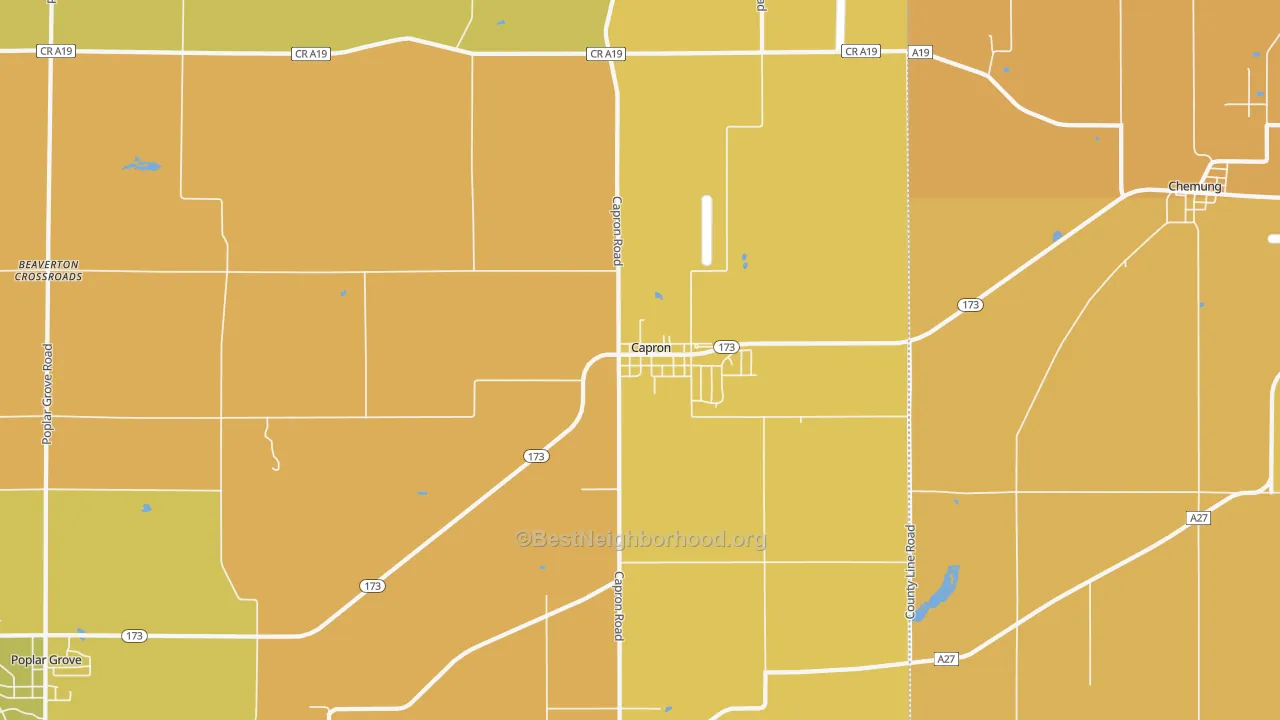 Map of the best neighborhoods in the 61012 area, with better matches in green and worse matches in red