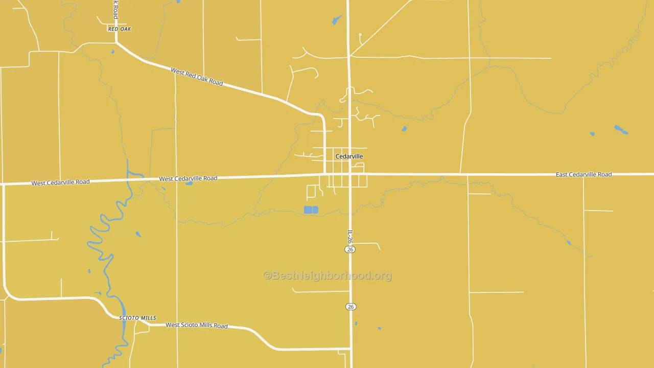 Map of the best neighborhoods in the 61013 area, with better matches in green and worse matches in red